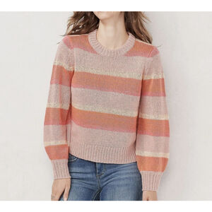 LC Lauren Conrad Striped Sequin Knit Sweater XS Pink Coral Orange Sparkle
